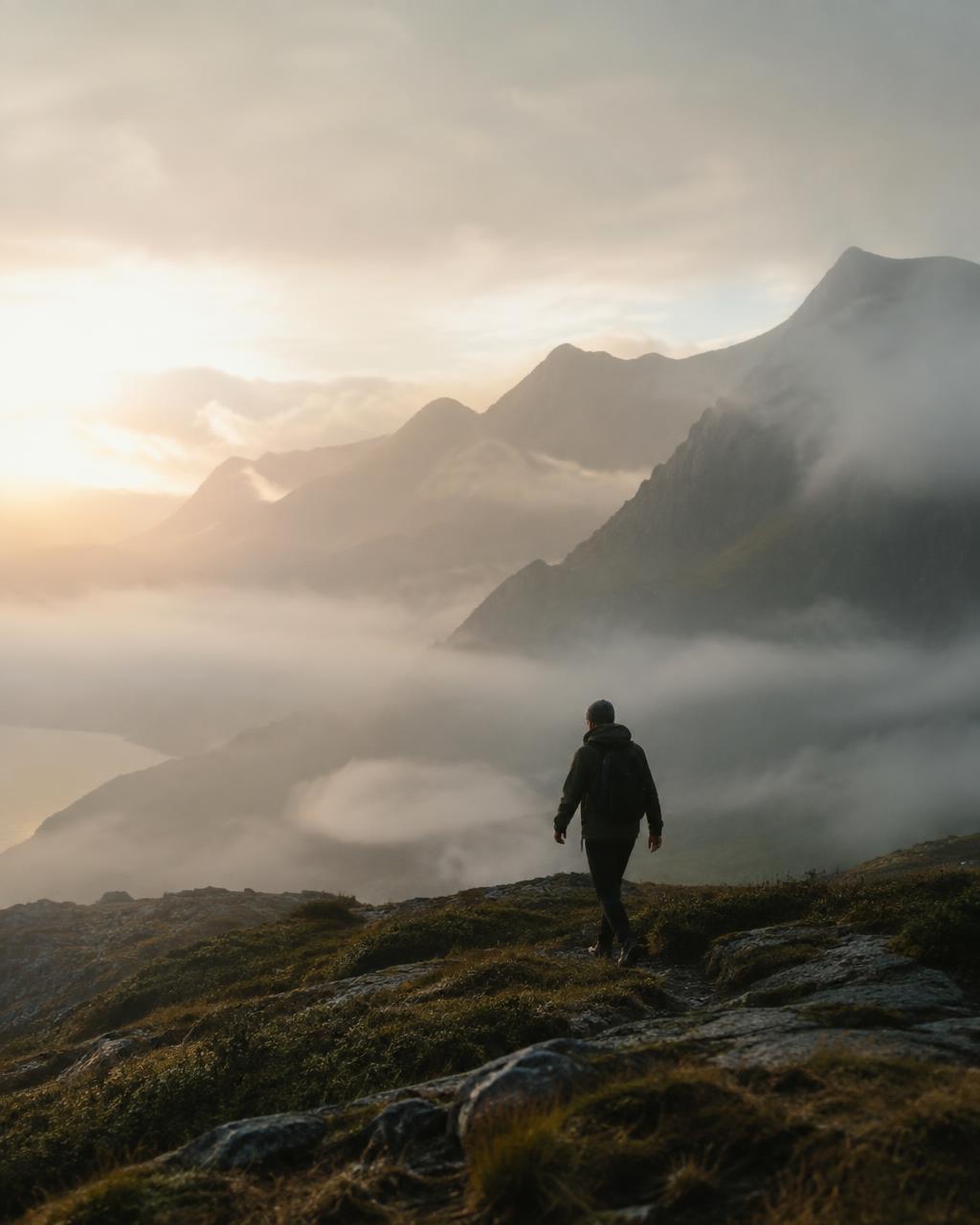 Couple standing on mist-covered mountain ridge at daybreak