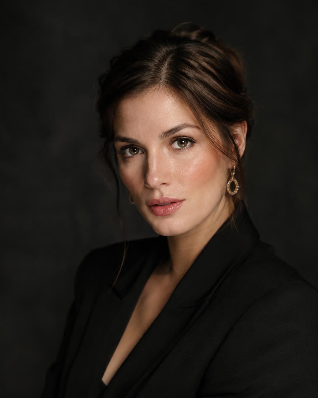 High-fashion fine art studio portrait in dramatic directional chiaroscuro lighting